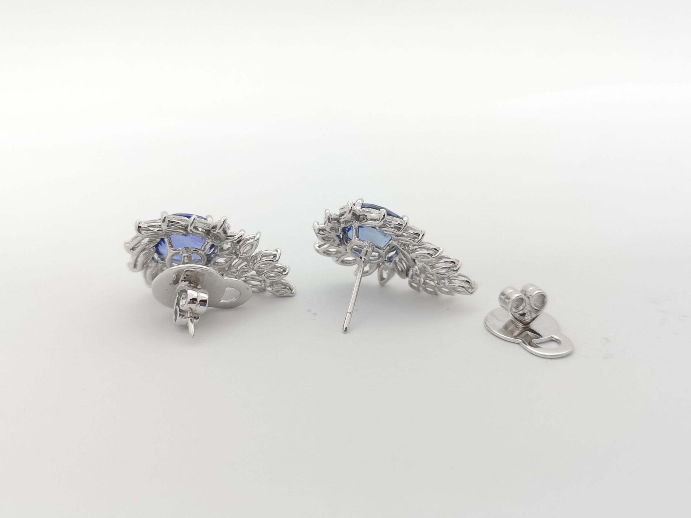 Blue Sapphire with Diamond Earrings set in 18K White Gold Settings For Sale 3