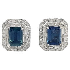 Blue Sapphire with Diamond Earrings set in 18K White Gold Settings