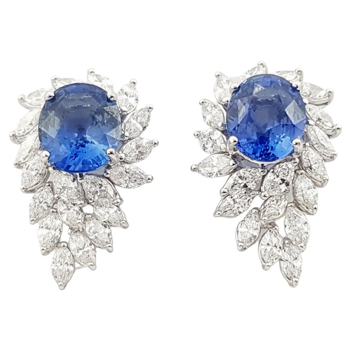 Blue Sapphire with Diamond Earrings set in 18K White Gold Settings For Sale