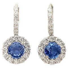 Blue Sapphire with Diamond Earrings set in 18K White Gold Settings