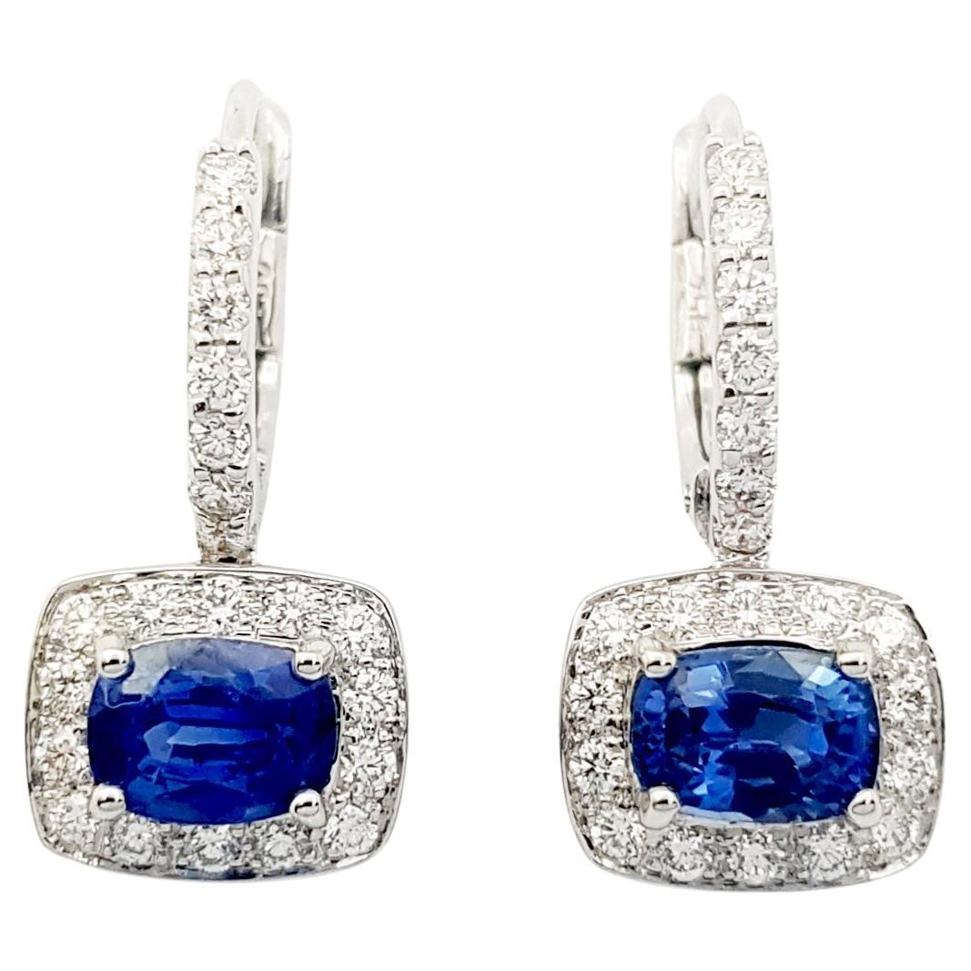 Blue Sapphire with Diamond Earrings set in 18K White Gold Settings