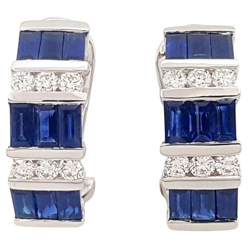 Blue Sapphire with Diamond Earrings set in 18K White Gold Settings For Sale