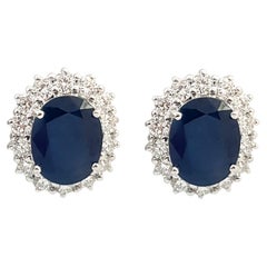 Blue Sapphire with Diamond Earrings set in 18K White Gold Settings