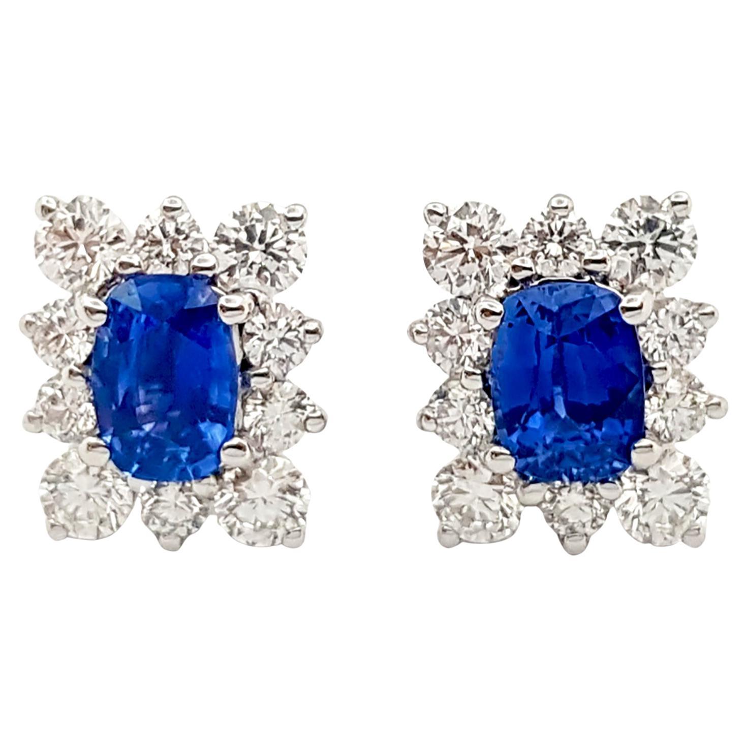 Blue Sapphire with Diamond Earrings set in 18K White Gold Settings For Sale