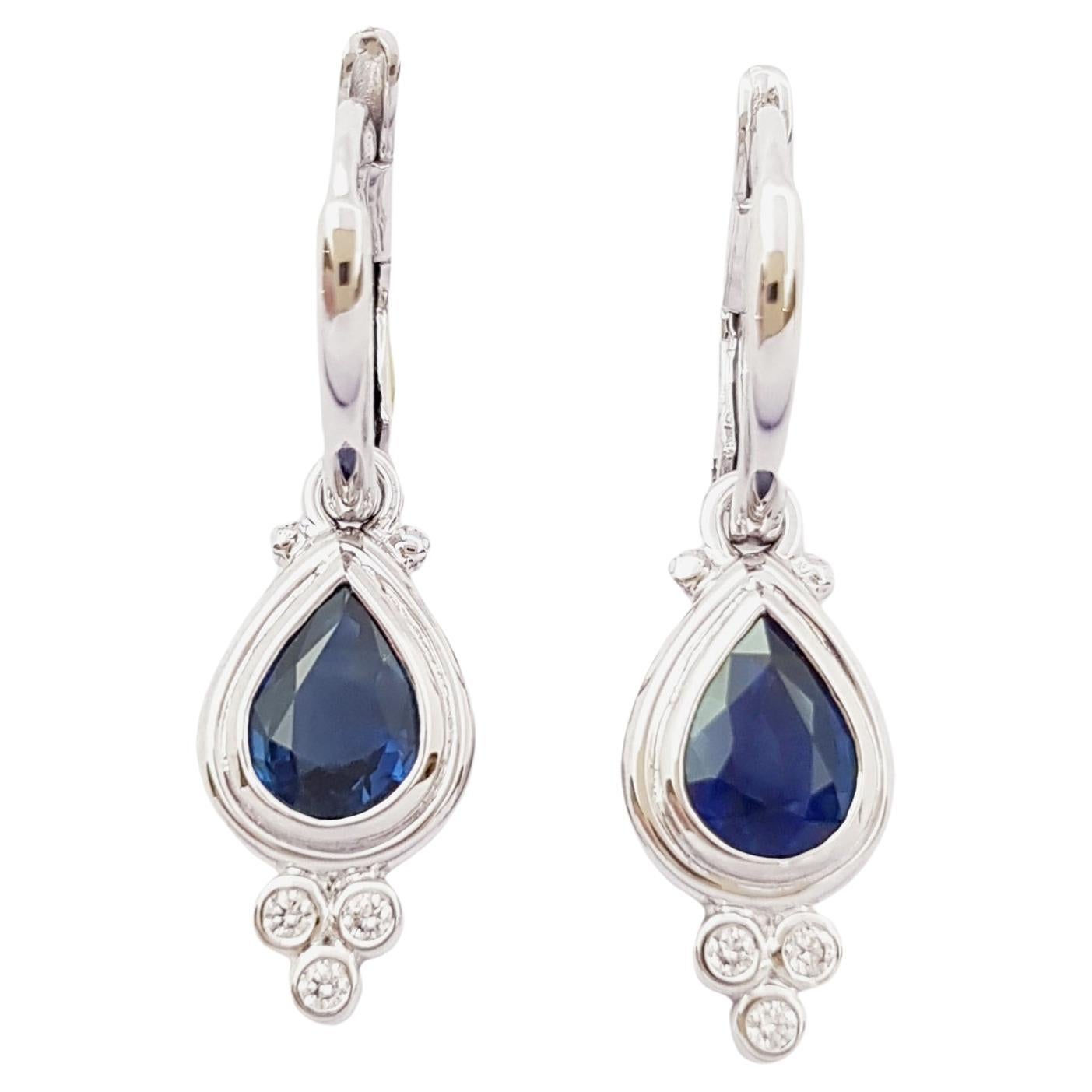 Blue Sapphire with Diamond Earrings set in 18K White Gold Settings For Sale