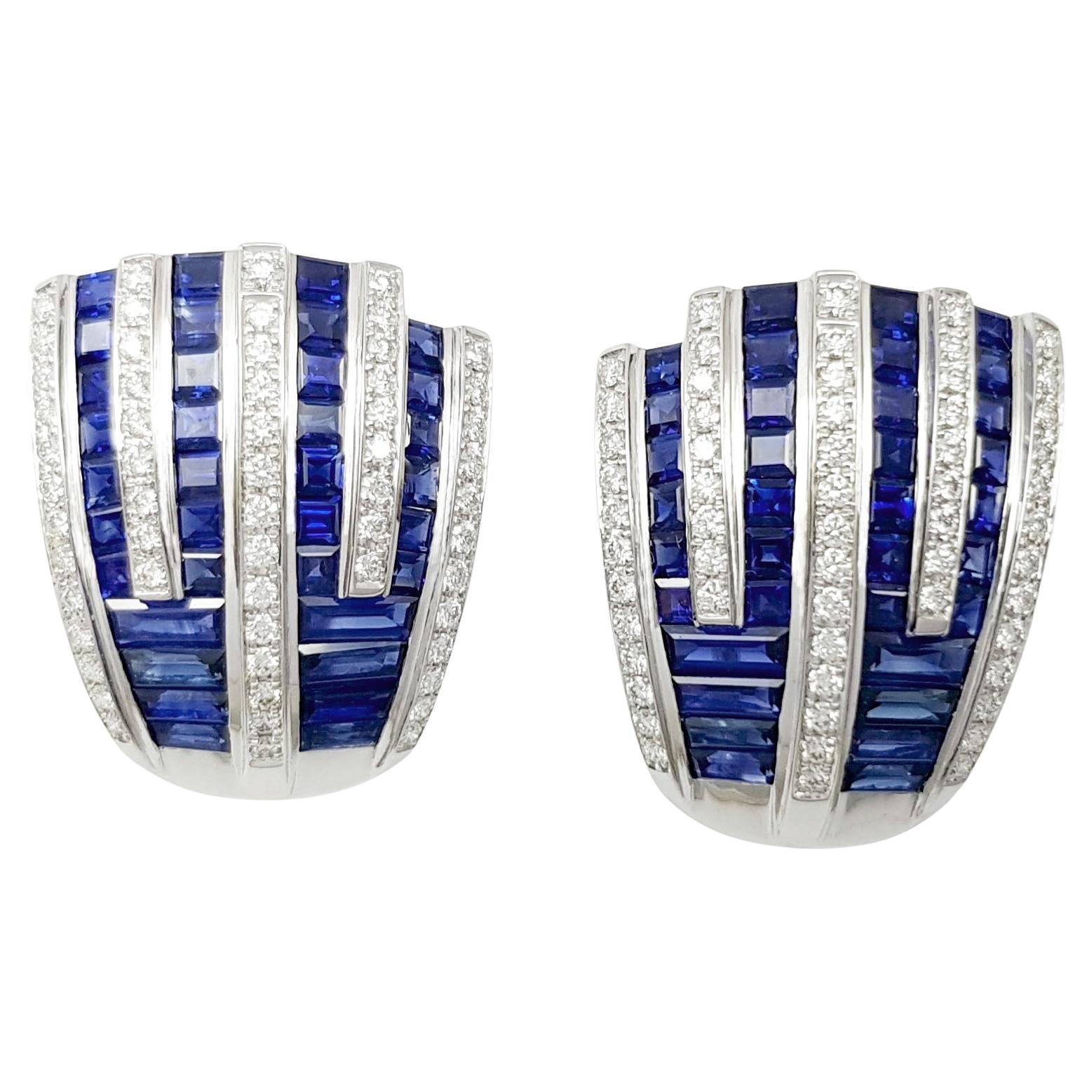 Blue Sapphire with Diamond Earrings set in 18K White Gold Settings
