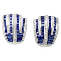 Blue Sapphire with Diamond Earrings set in 18K White Gold Settings