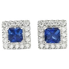 Blue Sapphire with Diamond Earrings set in 18K White Gold Settings