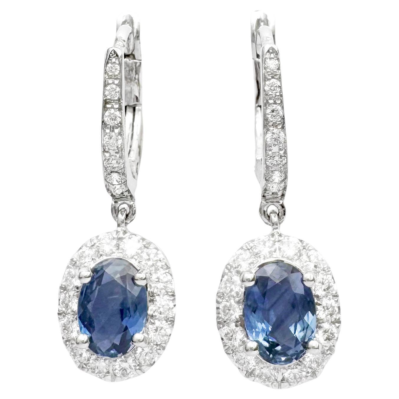 Blue Sapphire with Diamond Earrings set in 18K White Gold Settings