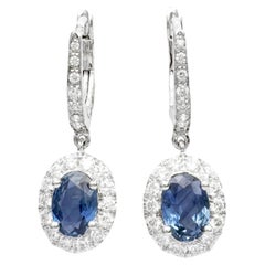Blue Sapphire with Diamond Earrings set in 18K White Gold Settings