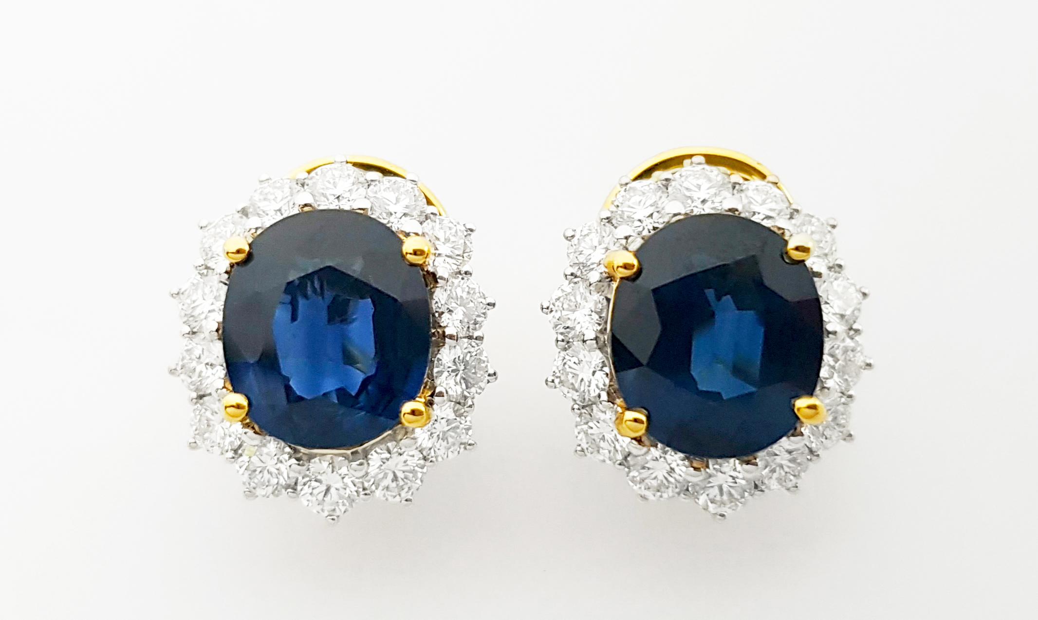 Taille ovale Boucles d'oreilles en or jaune/blanc 18K serties de saphirs bleus et de diamants en vente