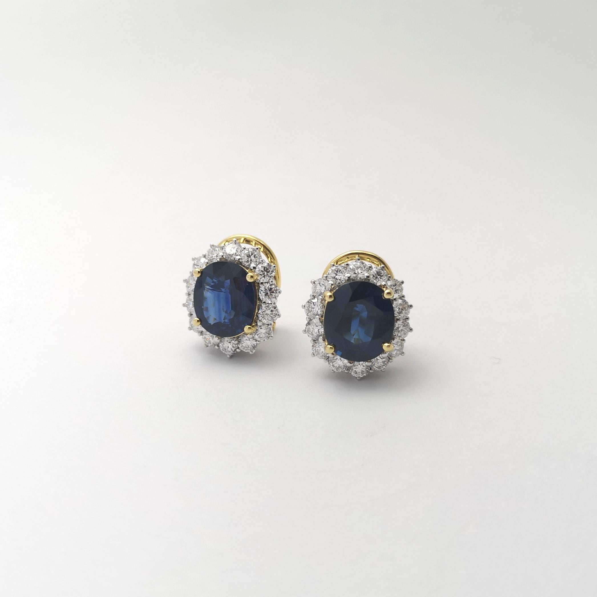 Boucles d'oreilles en or jaune/blanc 18K serties de saphirs bleus et de diamants Pour femmes en vente
