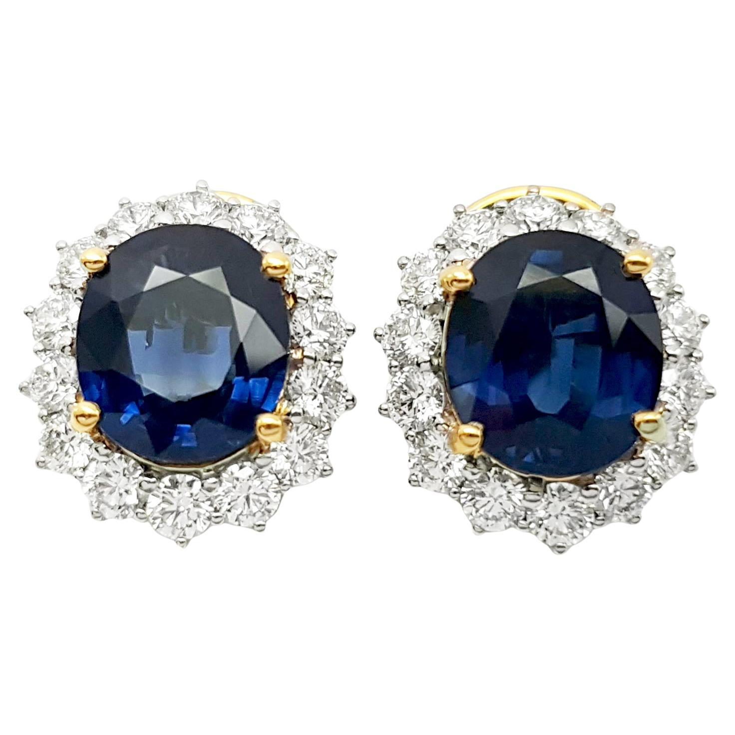 Boucles d'oreilles en or jaune/blanc 18K serties de saphirs bleus et de diamants