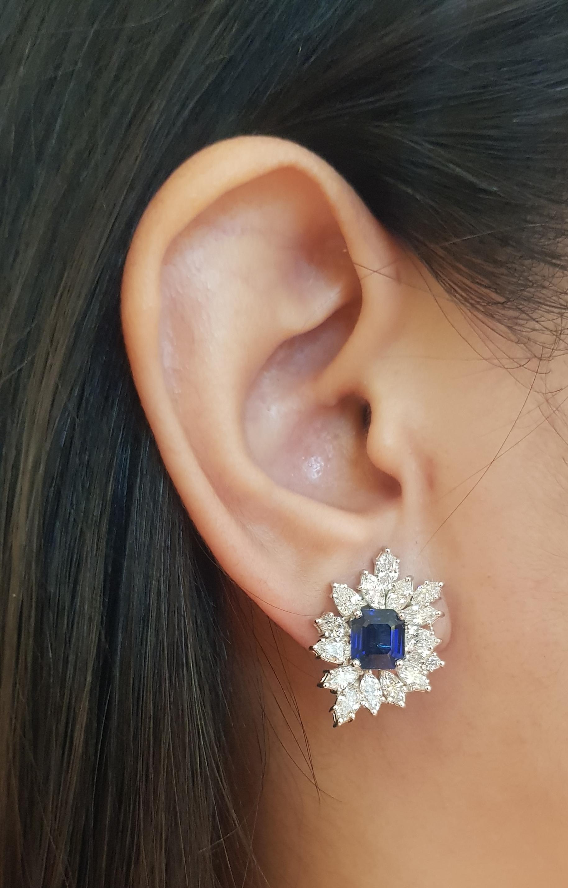 Blue Sapphire 3.98 carats with Diamond 3.37 carats Earrings set in Platinum 950 Settings

Width: 1.7 cm 
Length: 2.3 cm
Total Weight: 13.64 grams

