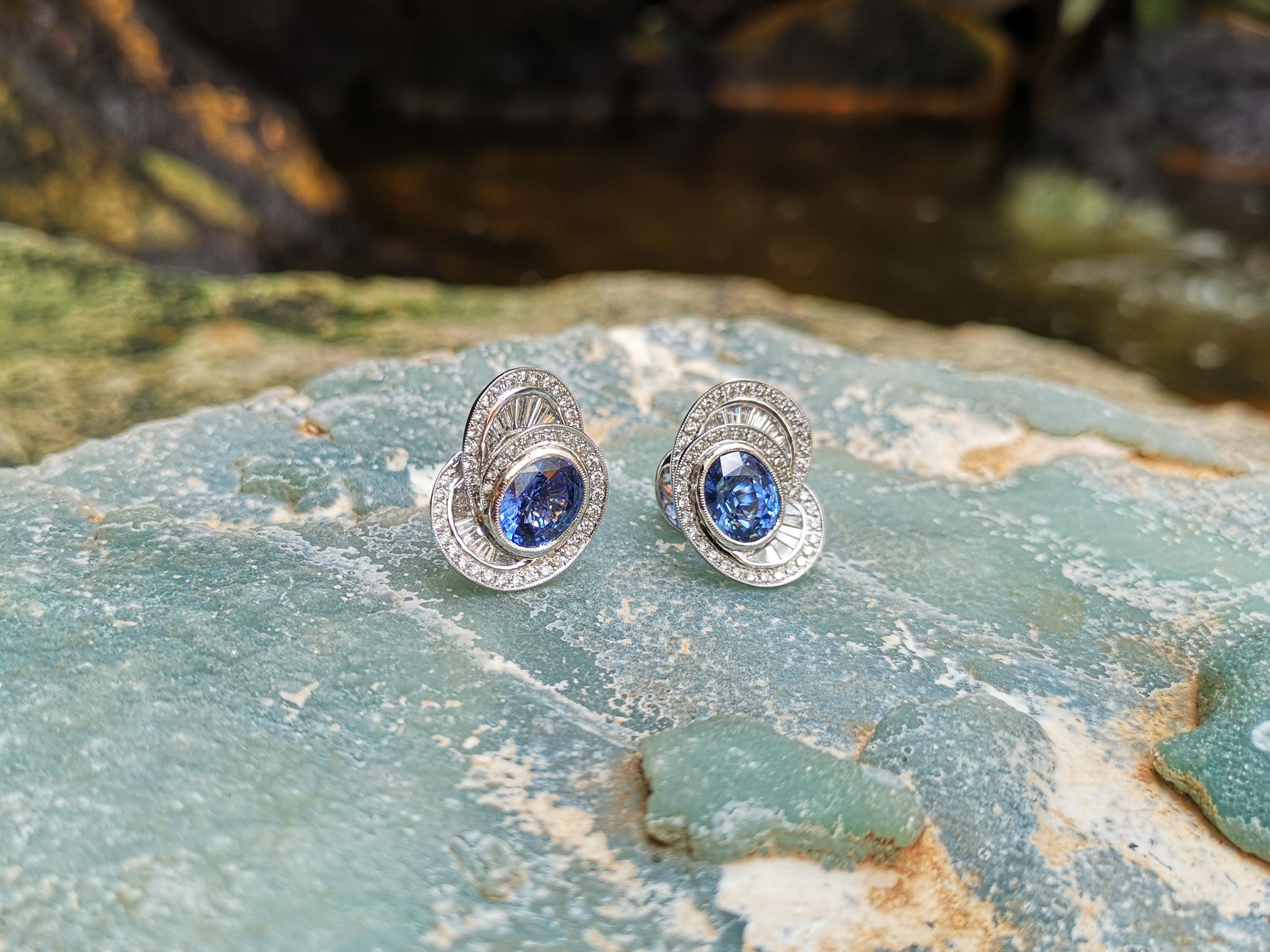 Oval Cut Blue Sapphire with Diamond Earrings set in Platinum 950 Settings For Sale