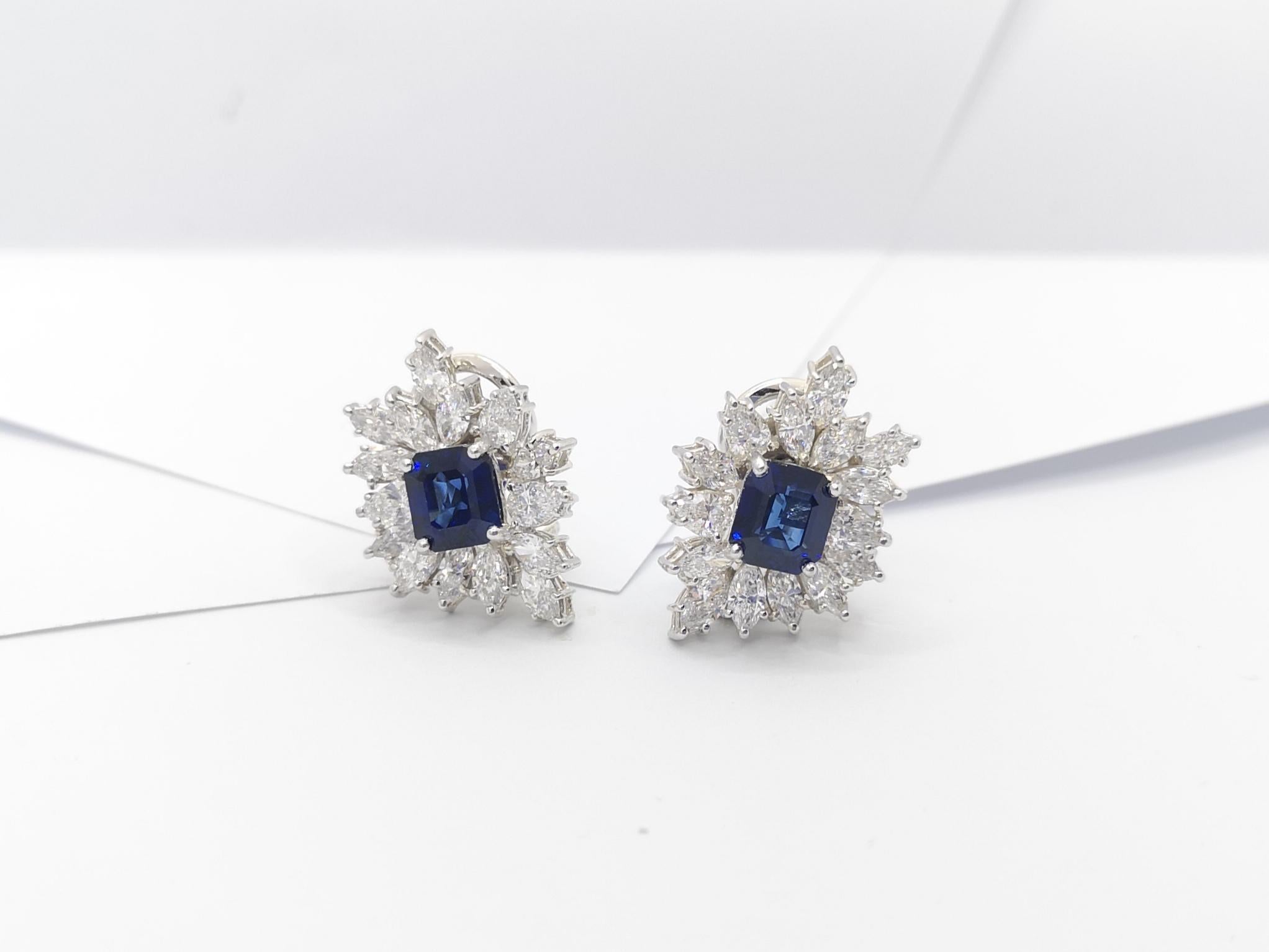 Women's Blue Sapphire with Diamond Earrings set in Platinum 950 Settings For Sale