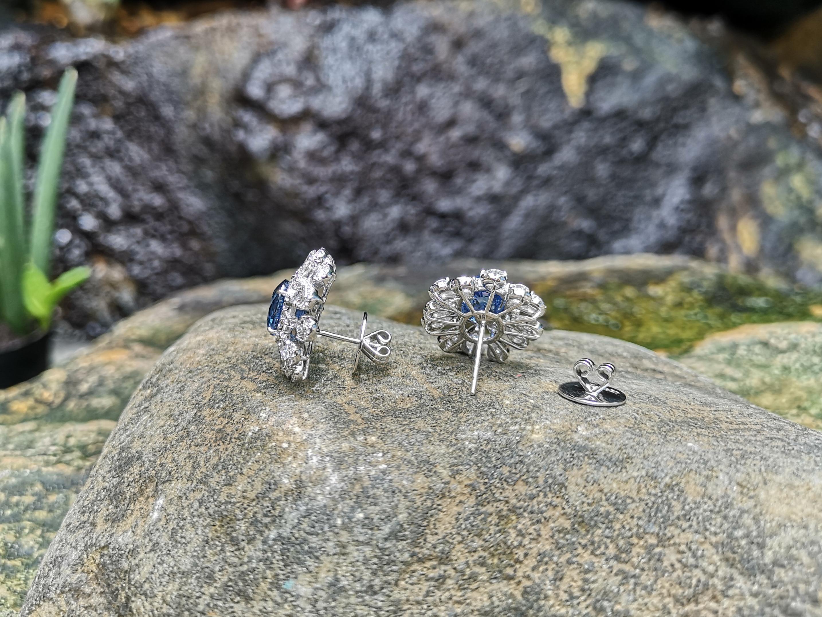 Blue Sapphire with Diamond Earrings set in Platinum 950 Settings For Sale 1