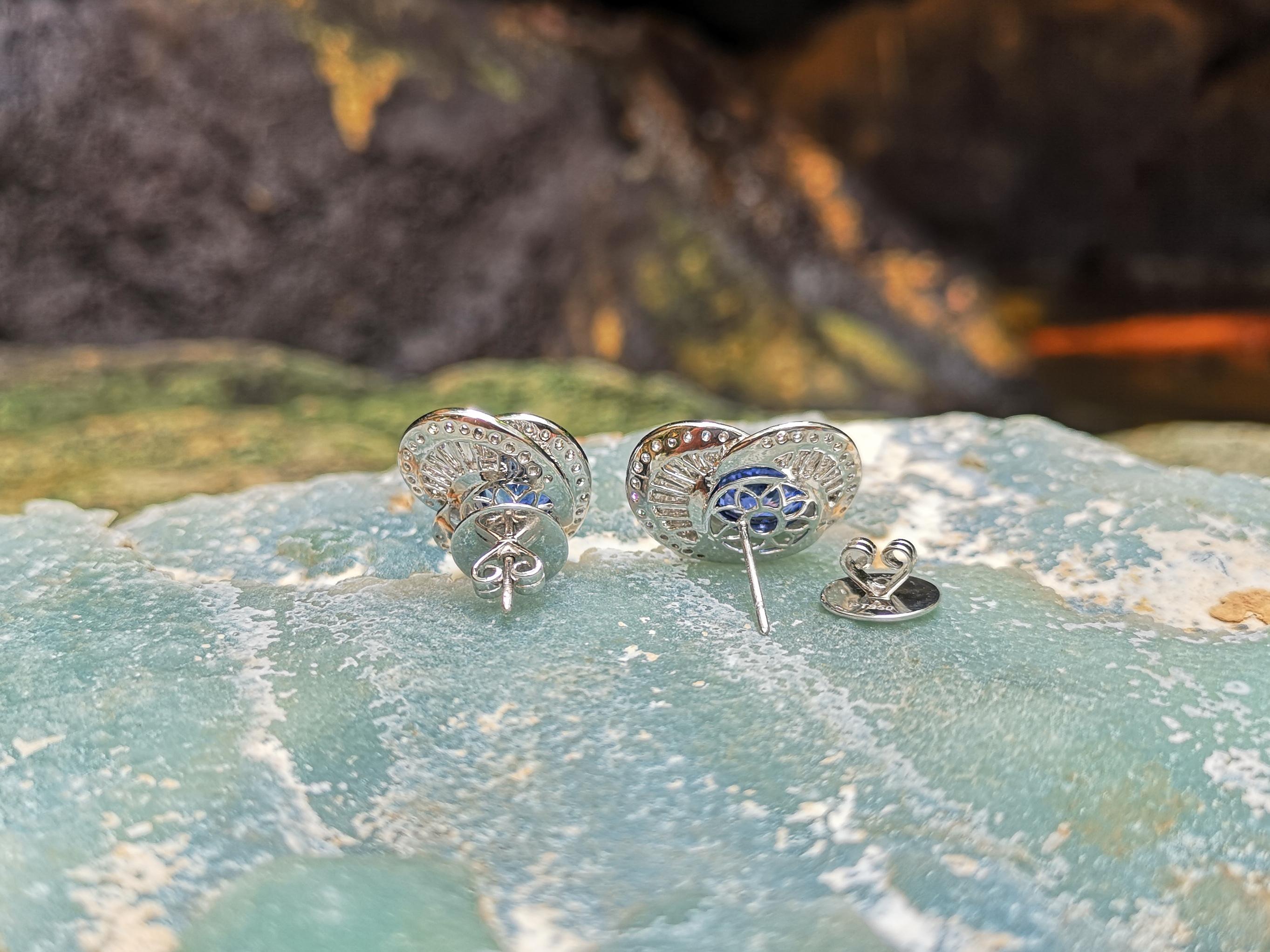 Blue Sapphire with Diamond Earrings set in Platinum 950 Settings For Sale 1