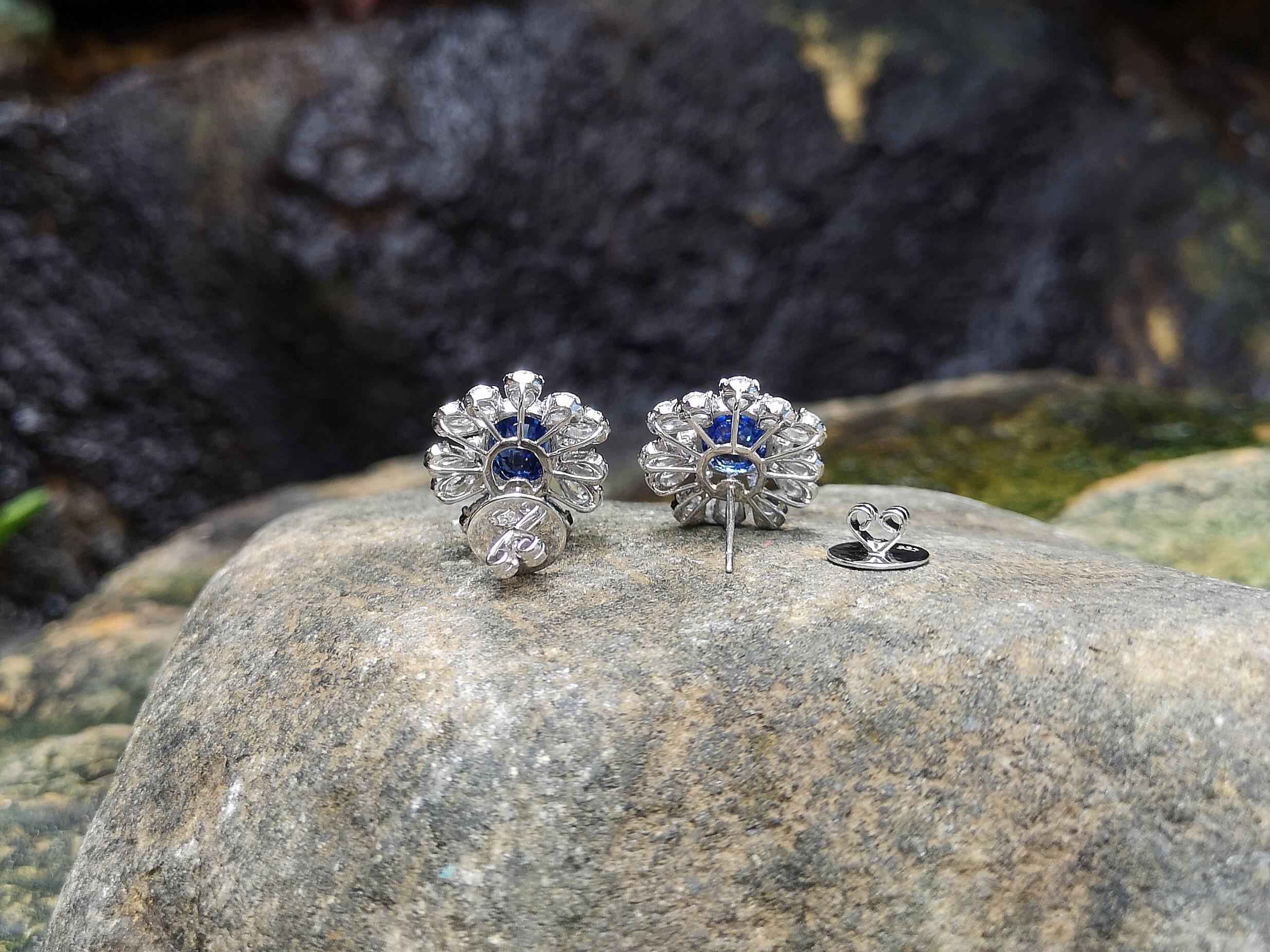 Blue Sapphire with Diamond Earrings set in Platinum 950 Settings For Sale 2