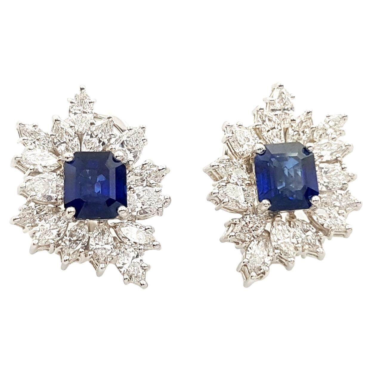 Blue Sapphire with Diamond Earrings set in Platinum 950 Settings For Sale