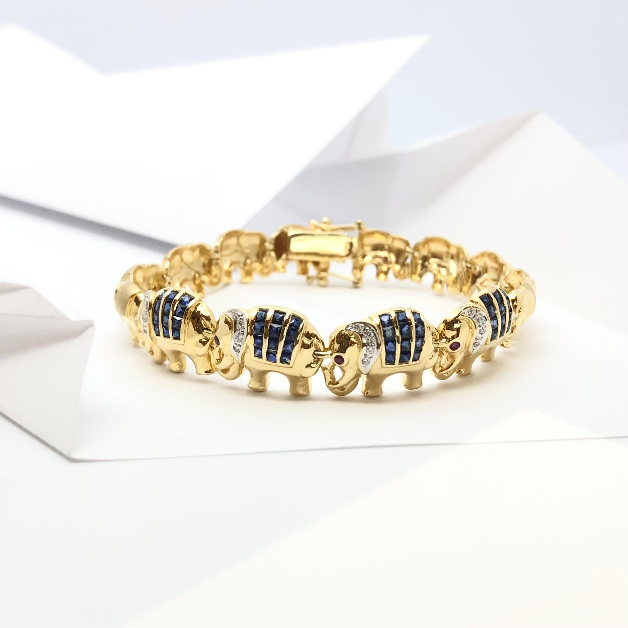Blue Sapphire with Diamond Elephant Bracelet Set in 18 Karat Gold Settings For Sale 2