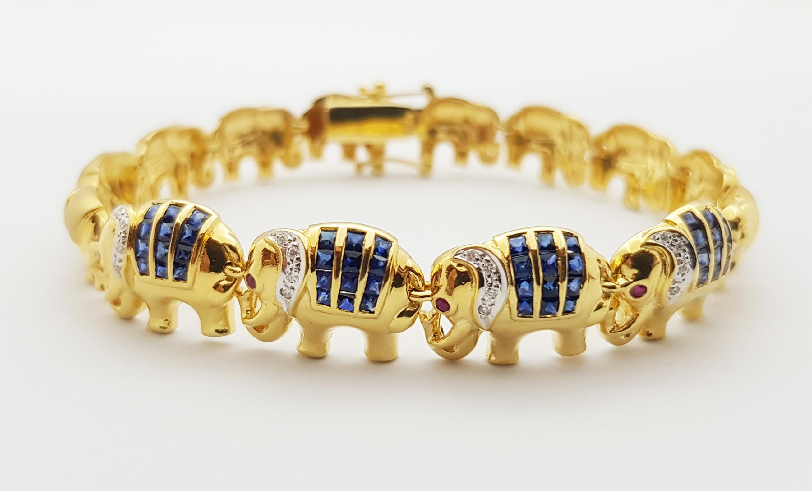 Blue Sapphire with Diamond Elephant Bracelet Set in 18 Karat Gold Settings For Sale 6