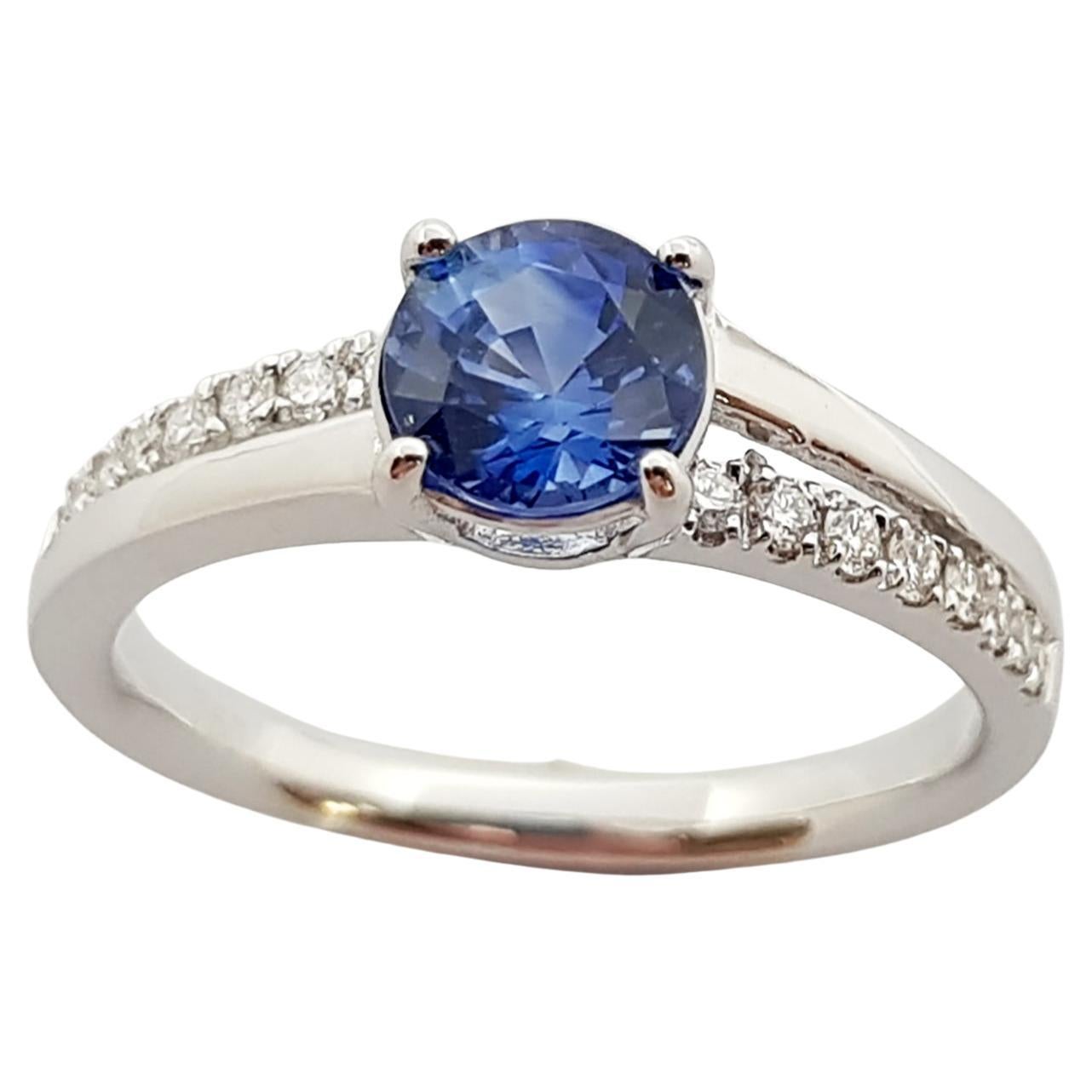 Blue Sapphire with Diamond Engagement Ring Set in 18 Karat White Gold Settings For Sale