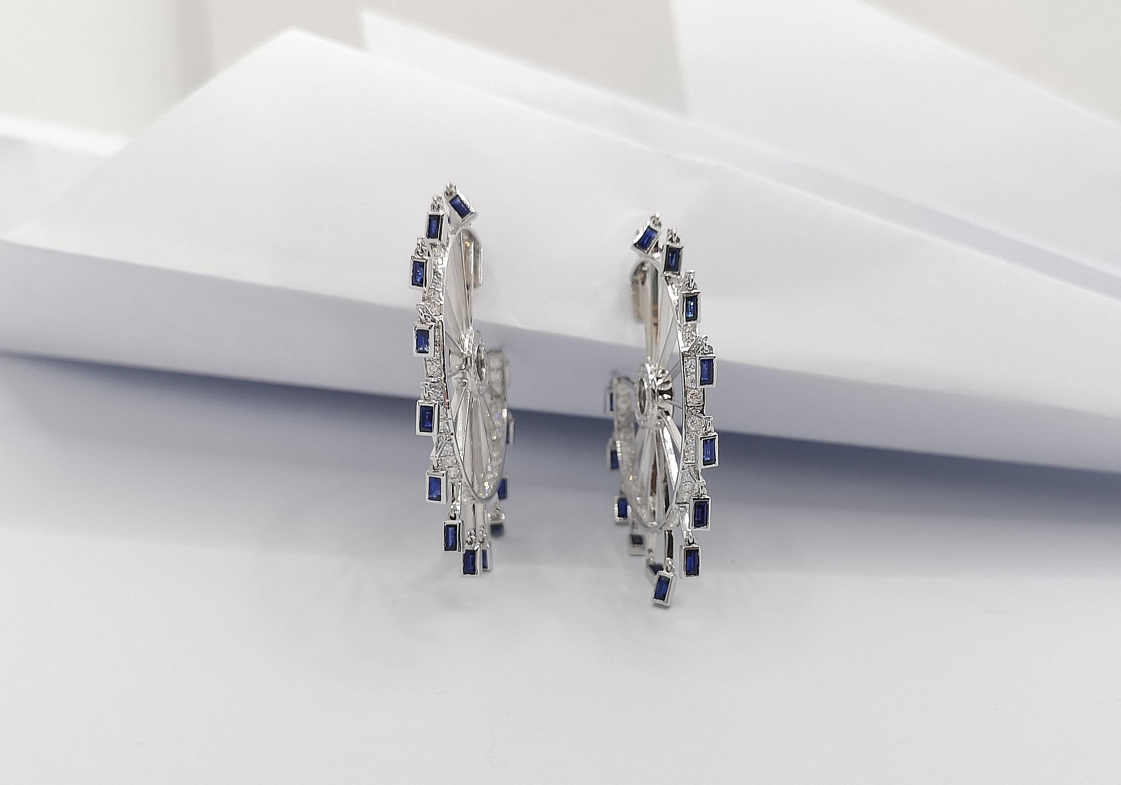Blue Sapphire with Diamond Farris Wheel Earrings Set in 18 Karat White Gold For Sale 7