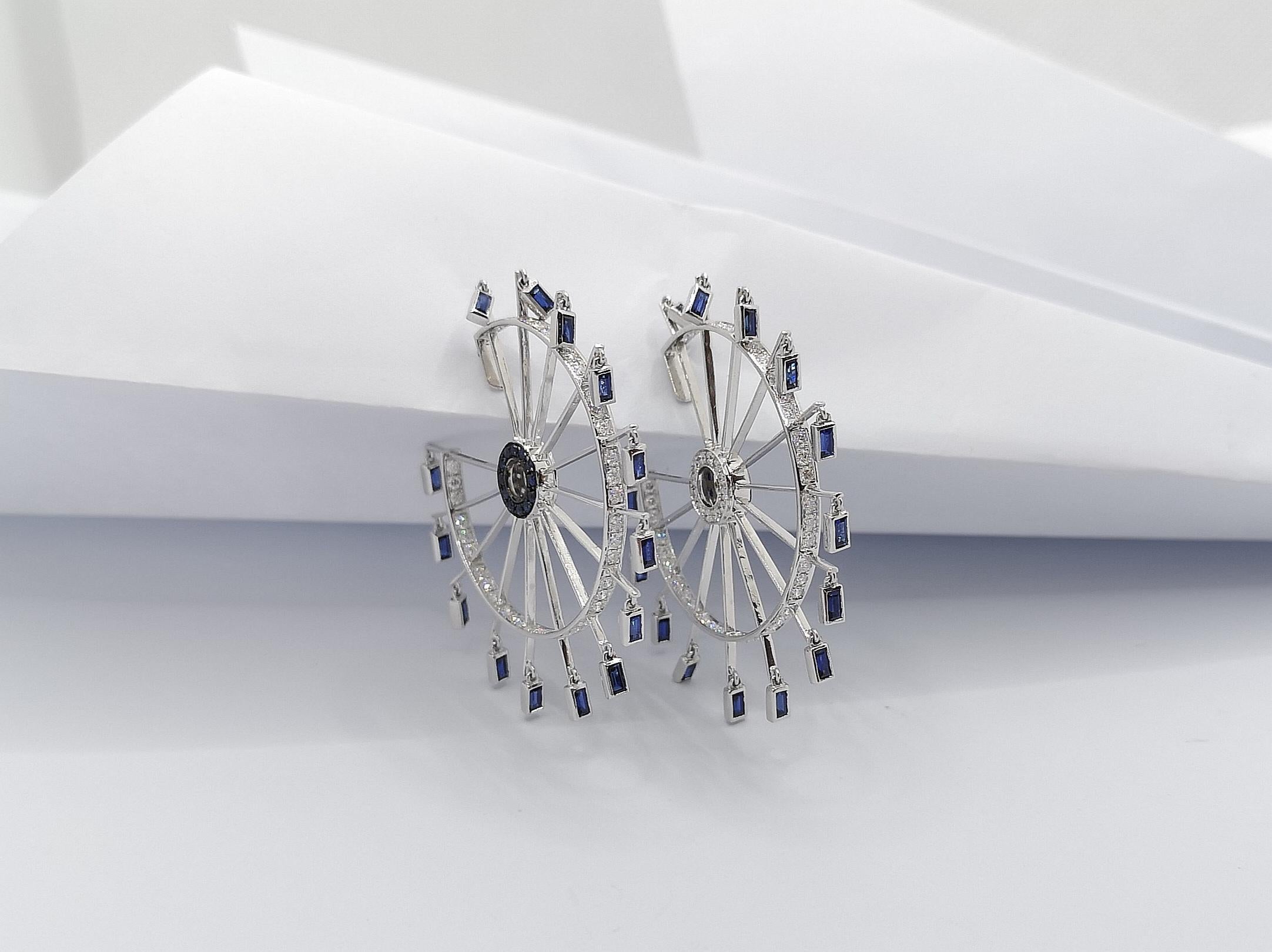 Blue Sapphire with Diamond Farris Wheel Earrings Set in 18 Karat White Gold For Sale 8