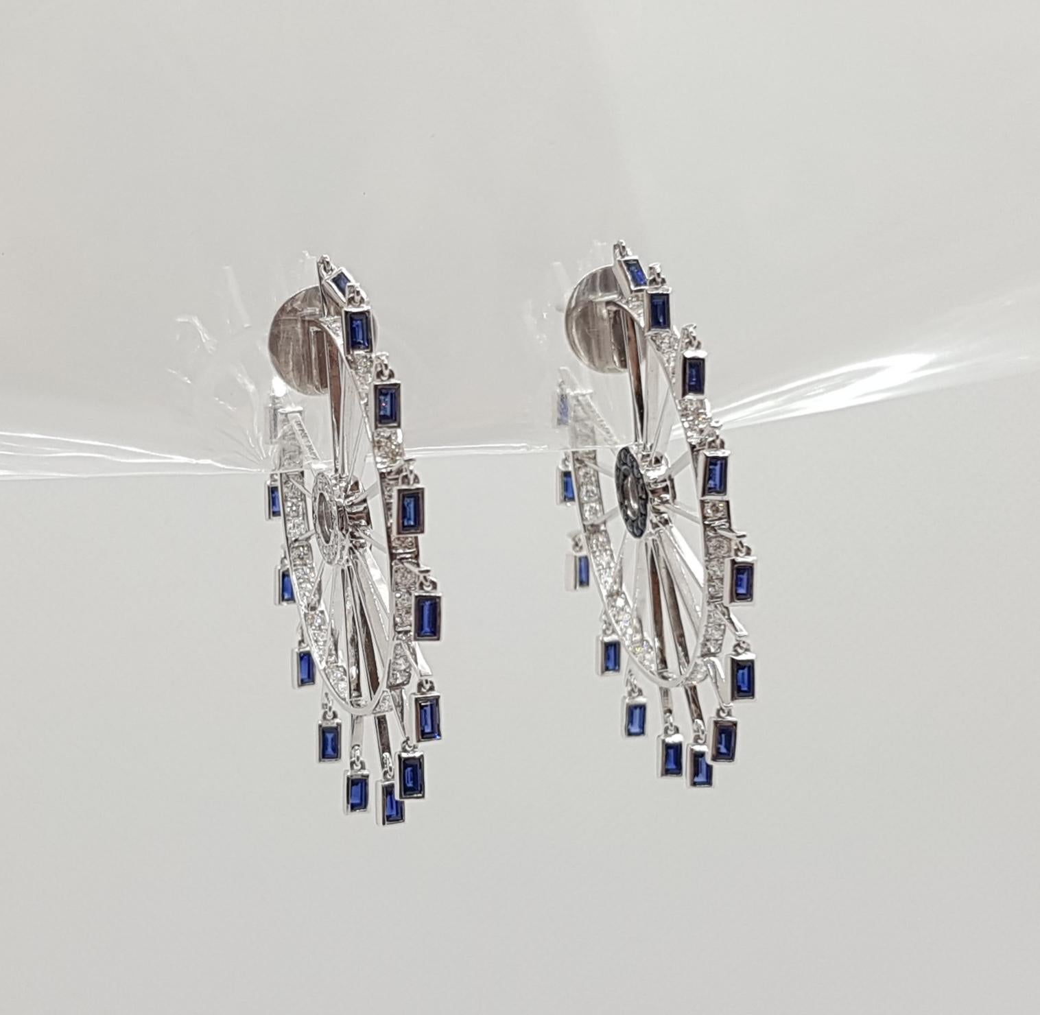 Blue Sapphire with Diamond Farris Wheel Earrings Set in 18 Karat White Gold For Sale 1