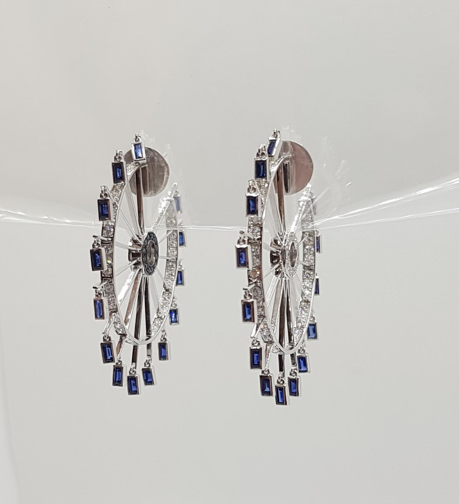 Blue Sapphire with Diamond Farris Wheel Earrings Set in 18 Karat White Gold For Sale 2
