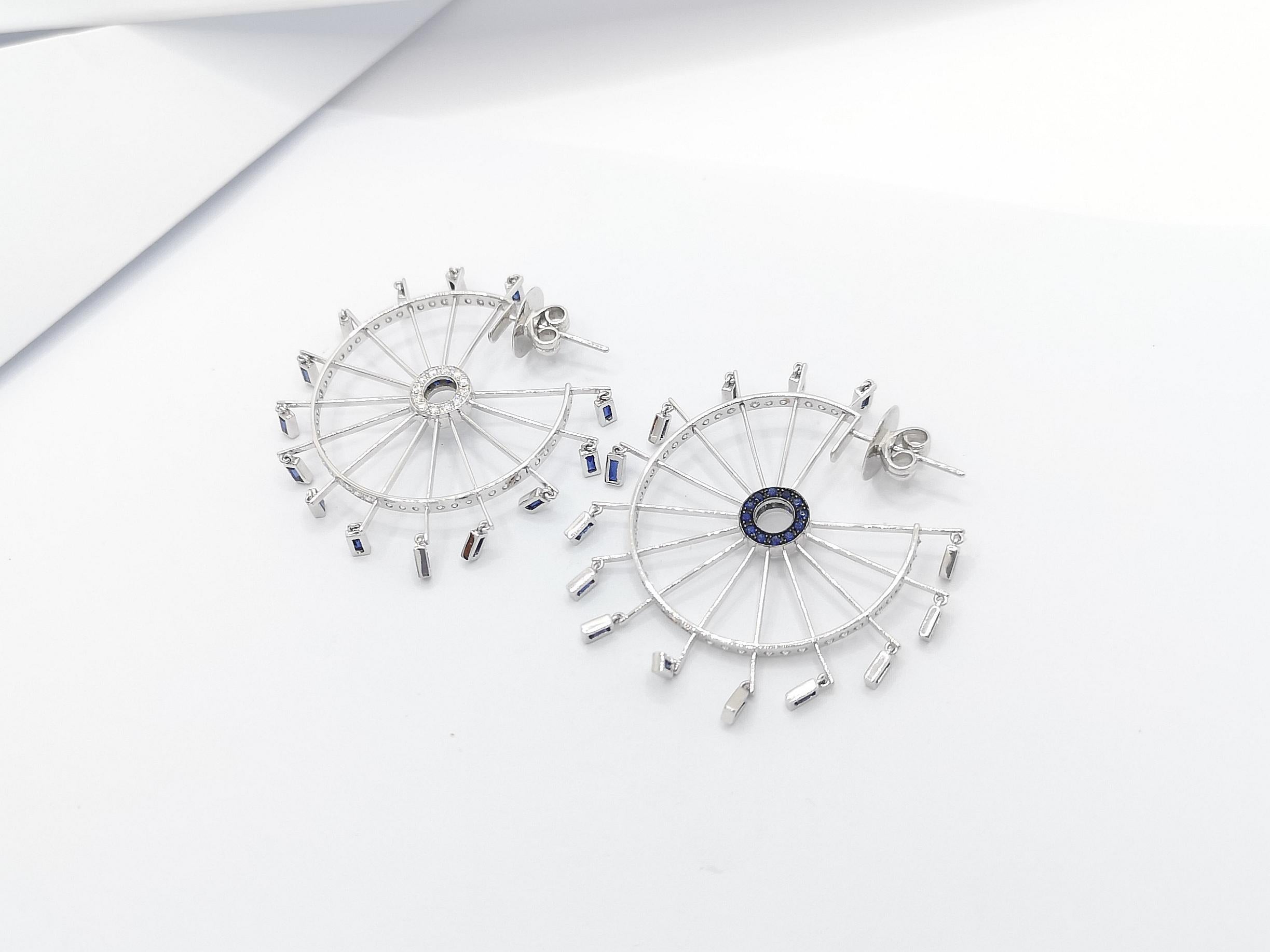 Blue Sapphire with Diamond Farris Wheel Earrings Set in 18 Karat White Gold For Sale 3