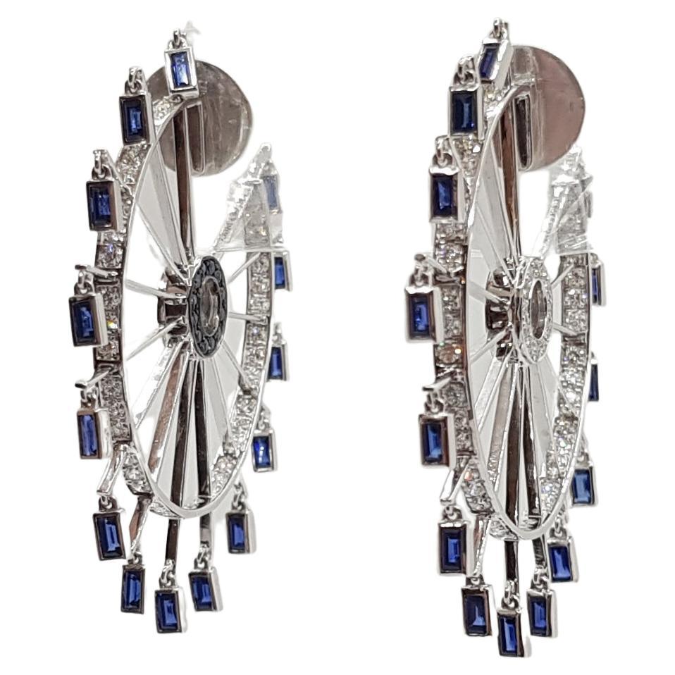 Blue Sapphire with Diamond Farris Wheel Earrings Set in 18 Karat White Gold For Sale