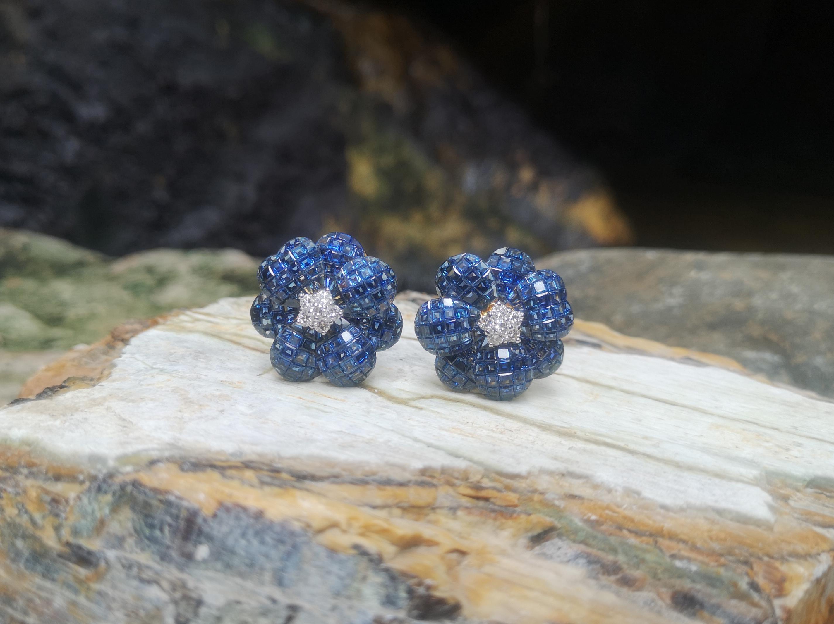 Blauer Saphir mit Diamant-Blumen-Ohrringe in 18 Karat Goldfassung (Zeitgenössisch) im Angebot