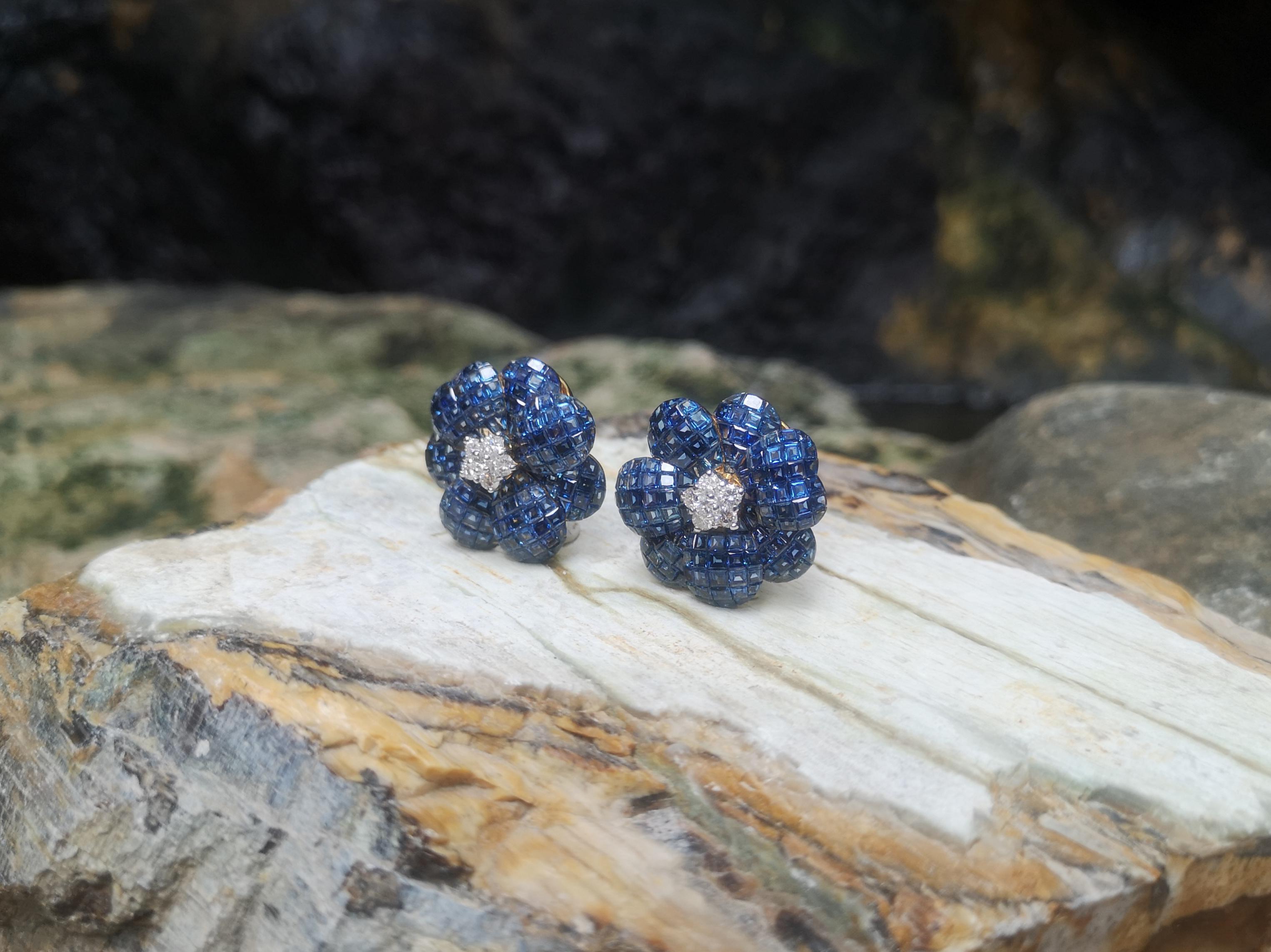 Blauer Saphir mit Diamant-Blumen-Ohrringe in 18 Karat Goldfassung (Gemischter Schliff) im Angebot
