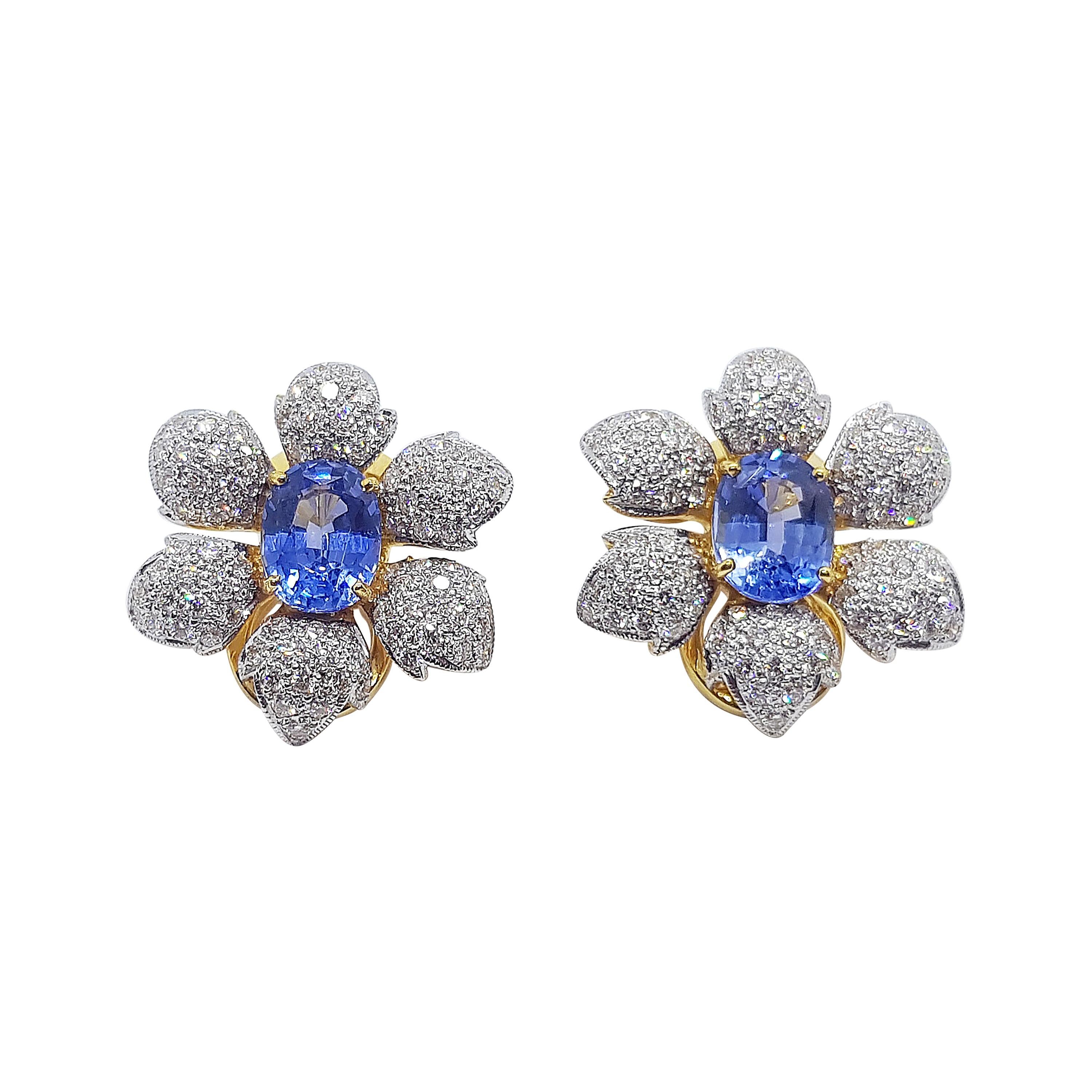 Blue Sapphire with Diamond Flower Earrings Set in 18 Karat Gold Settings For Sale