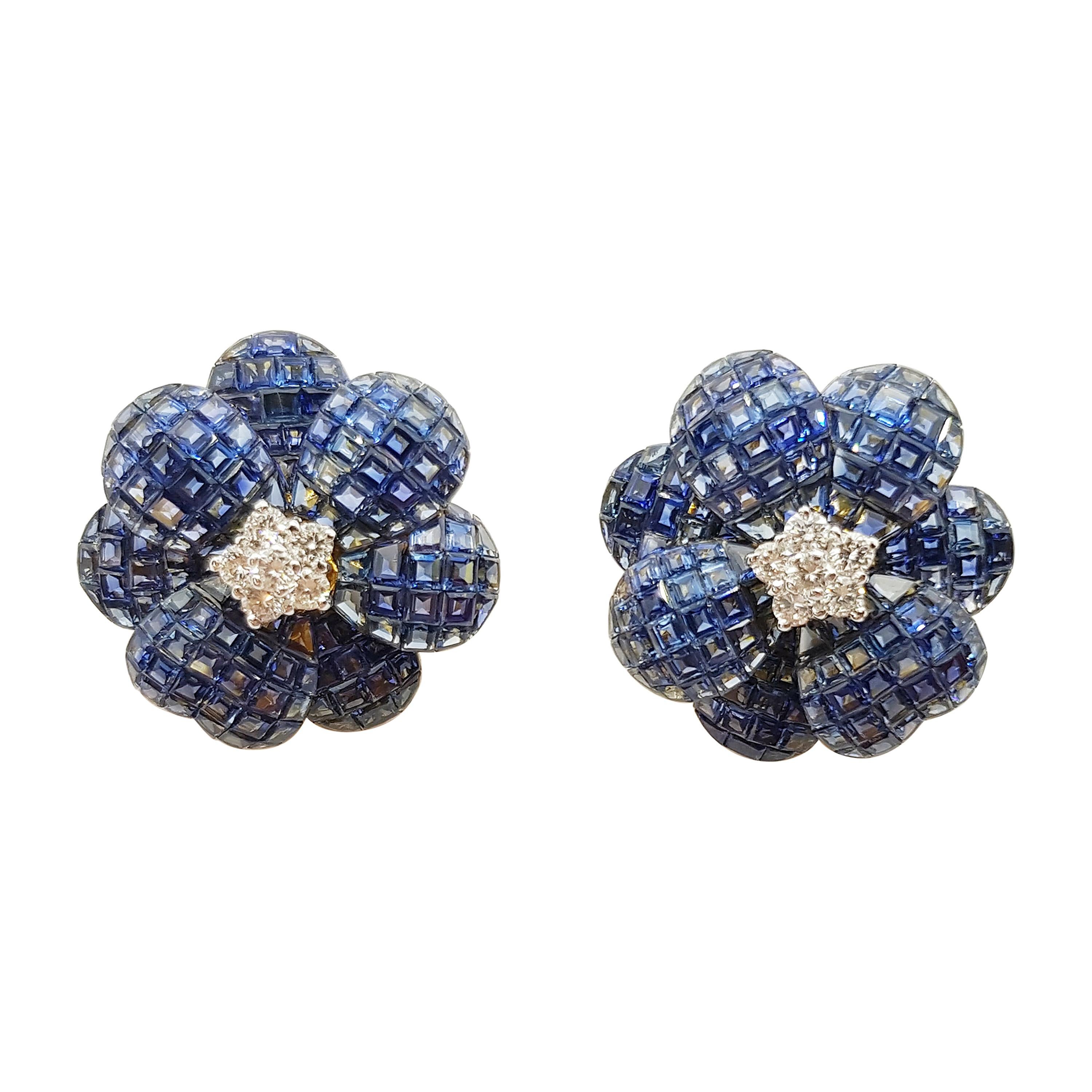 Blue Sapphire with Diamond Flower Earrings Set in 18 Karat Gold Settings For Sale