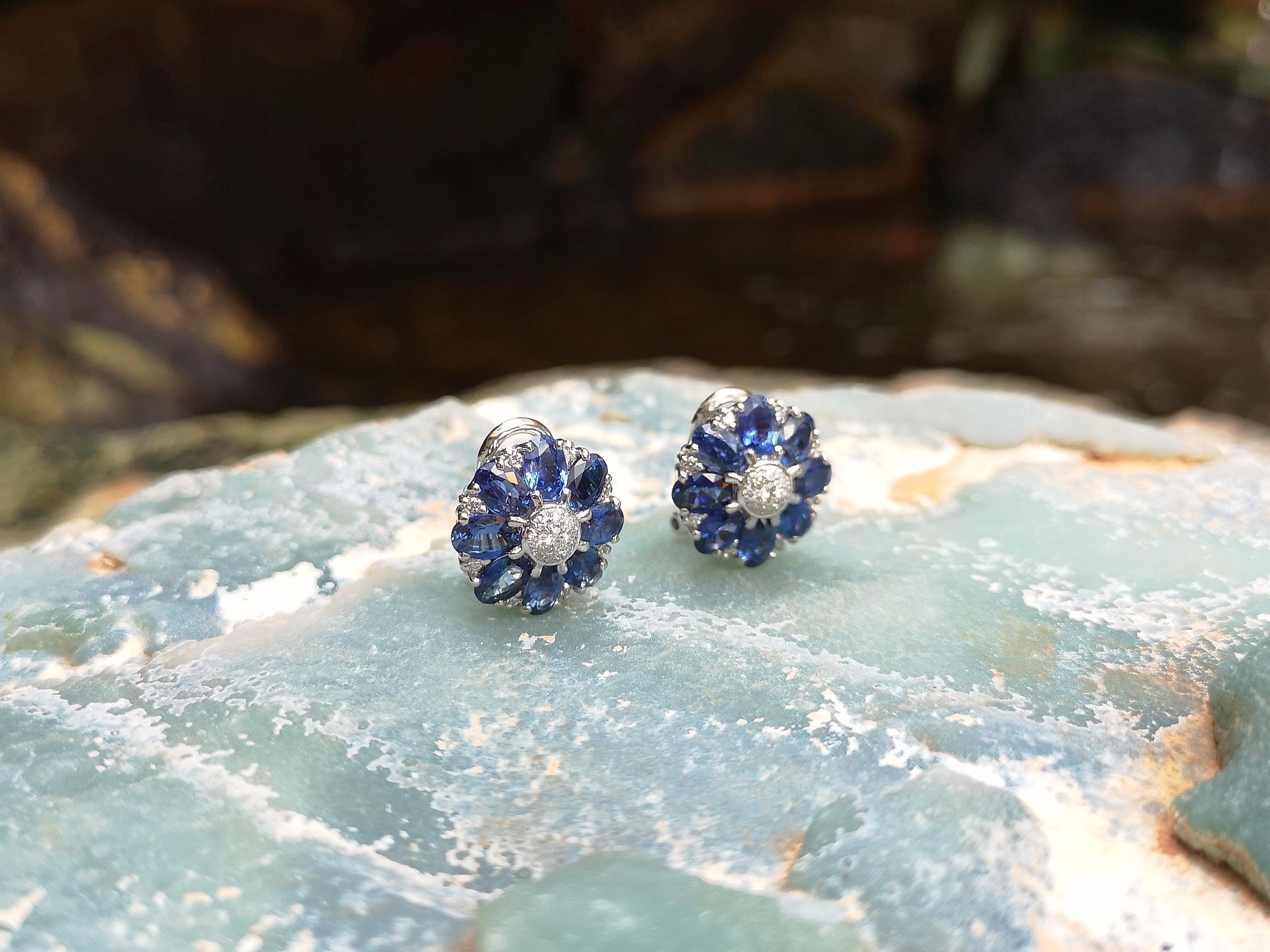 Women's Blue Sapphire with Diamond Flower Earrings Set in 18 Karat White Gold Settings For Sale