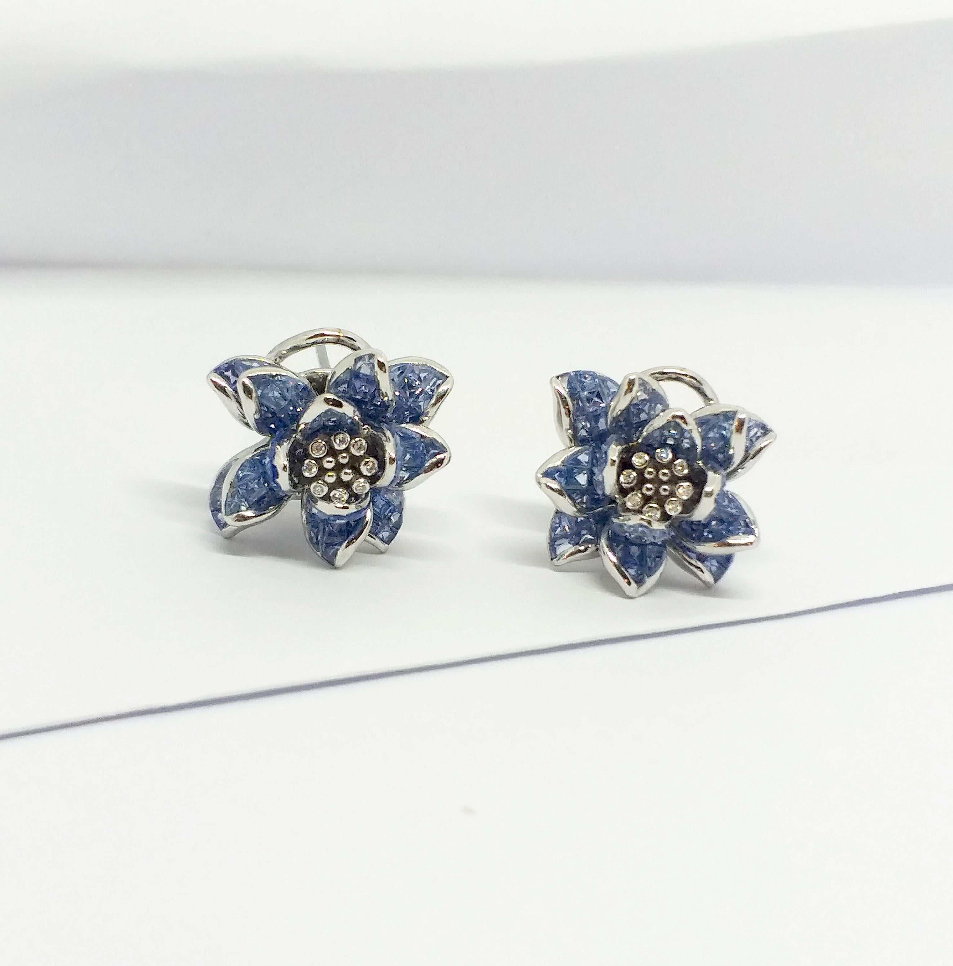 Blue Sapphire with Diamond Flower Earrings set in 18K White Gold Settings For Sale 7
