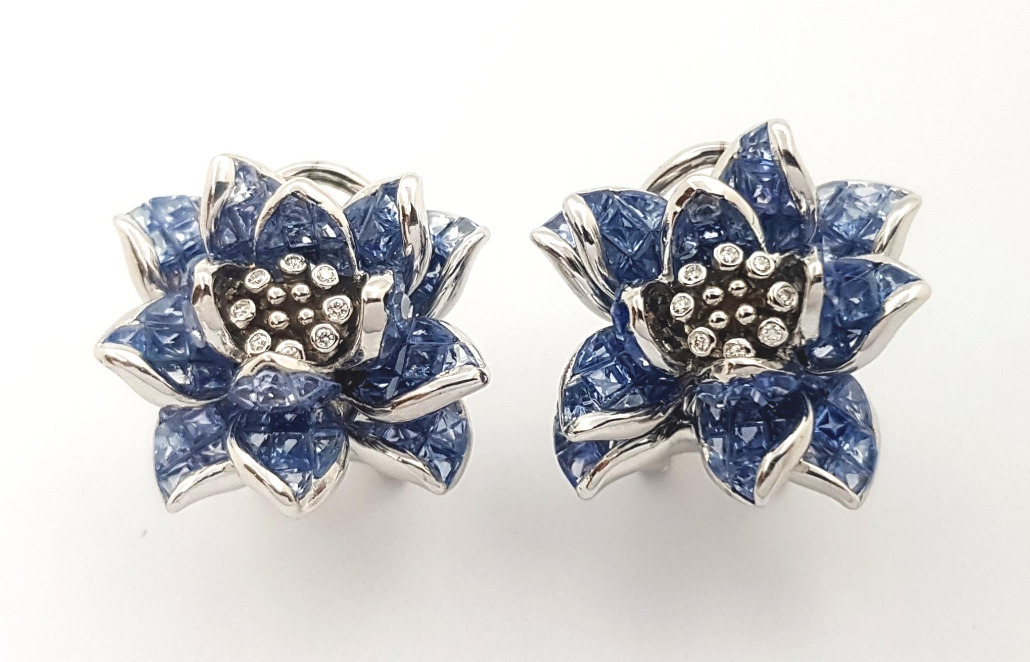 Contemporary Blue Sapphire with Diamond Flower Earrings set in 18K White Gold Settings For Sale