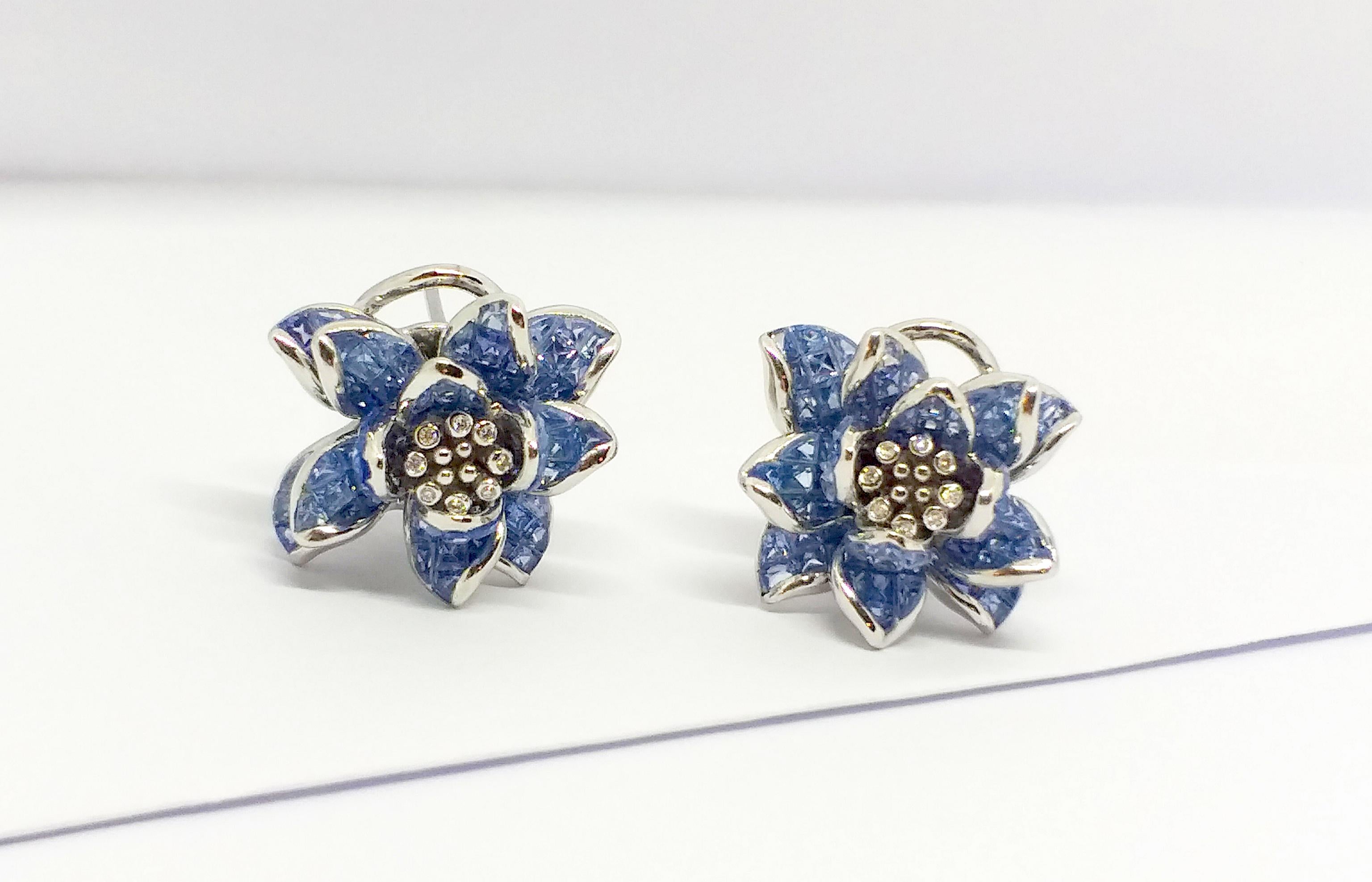 Mixed Cut Blue Sapphire with Diamond Flower Earrings set in 18K White Gold Settings For Sale