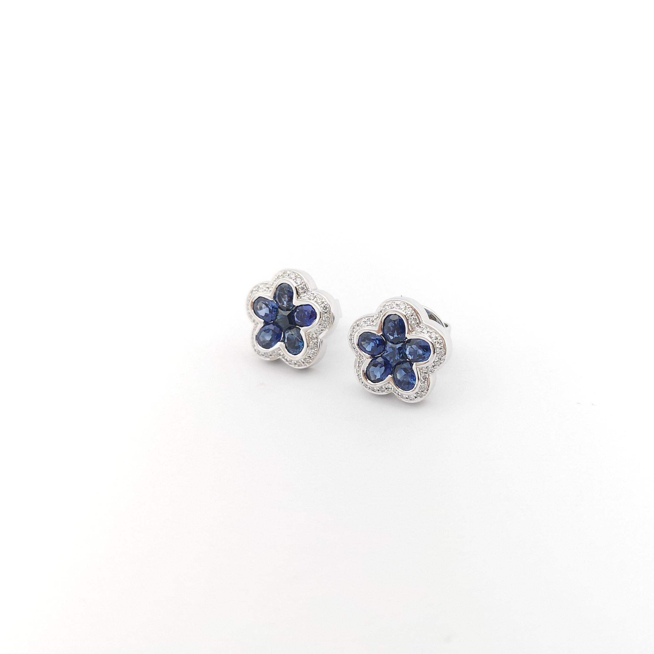 Blue Sapphire with Diamond Flower Earrings set in 18K White Gold Settings For Sale 2