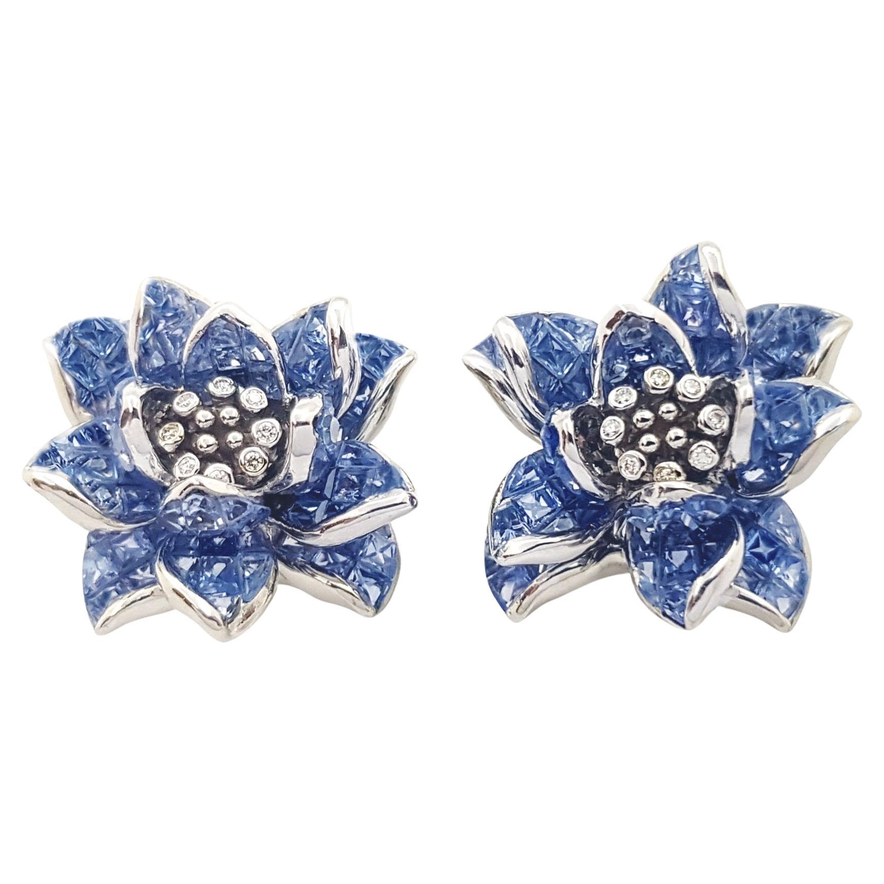 Blue Sapphire with Diamond Flower Earrings set in 18K White Gold Settings For Sale