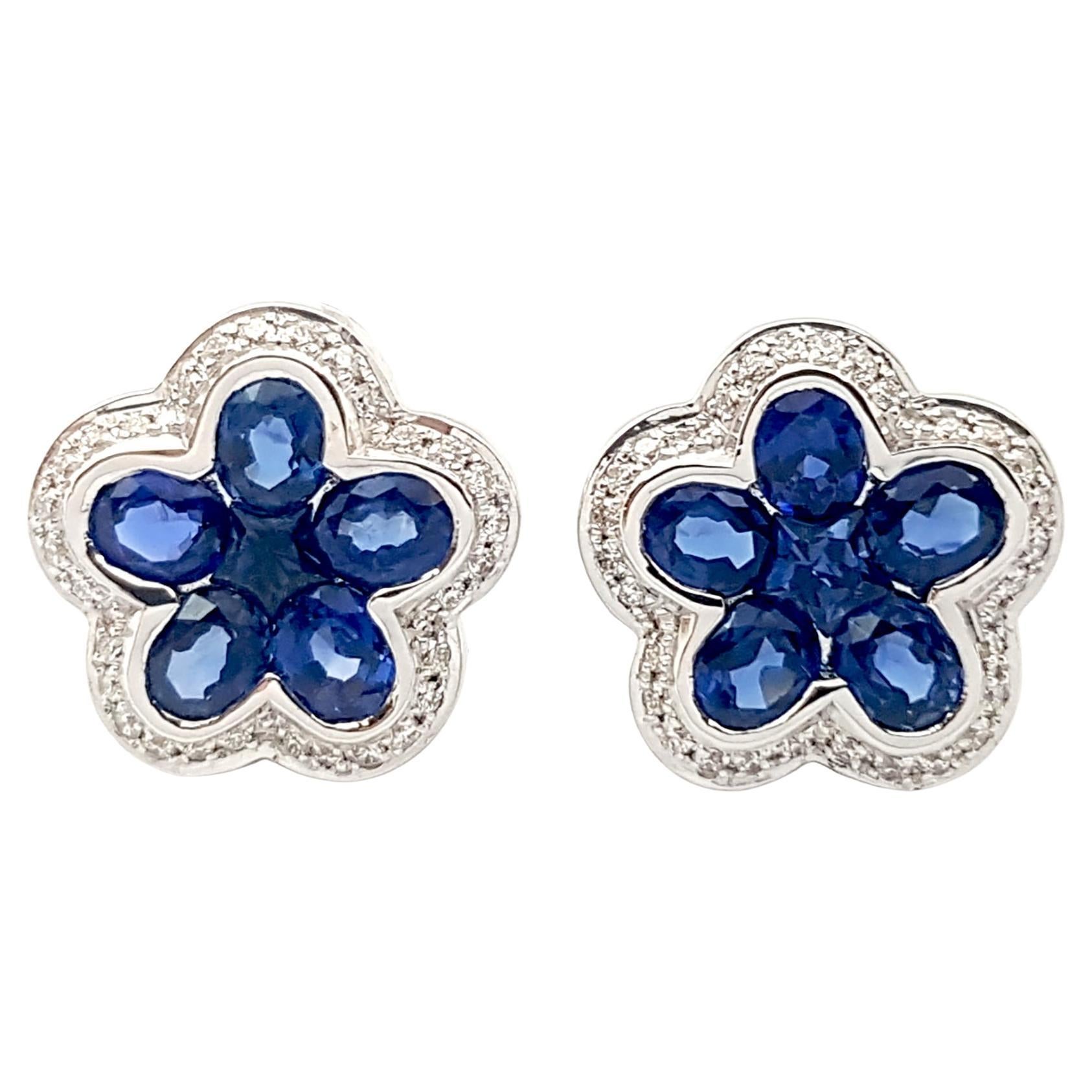 Blue Sapphire with Diamond Flower Earrings set in 18K White Gold Settings For Sale