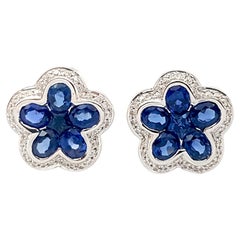 Blue Sapphire with Diamond Flower Earrings set in 18K White Gold Settings