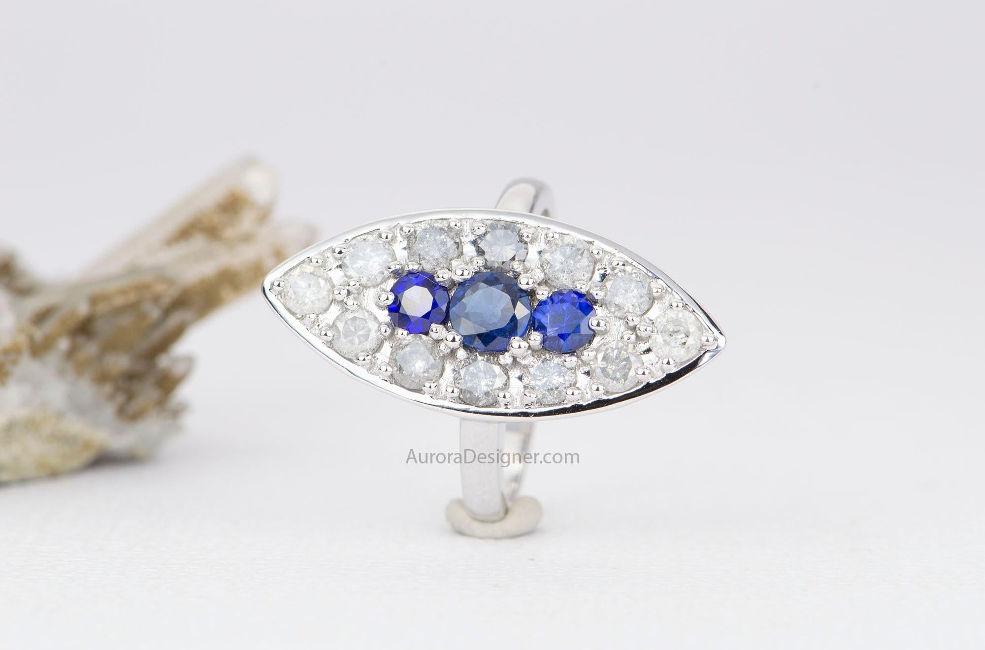 Women's or Men's Blue Sapphire with Diamond Halo 14K White Gold Navette Ring Vintage Inspired For Sale