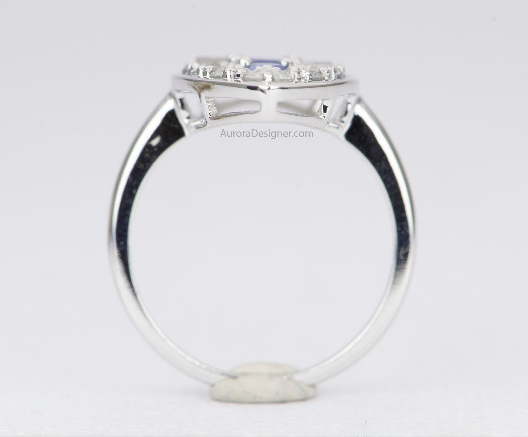 Blue Sapphire with Diamond Halo 14K White Gold Navette Ring Vintage Inspired For Sale 1
