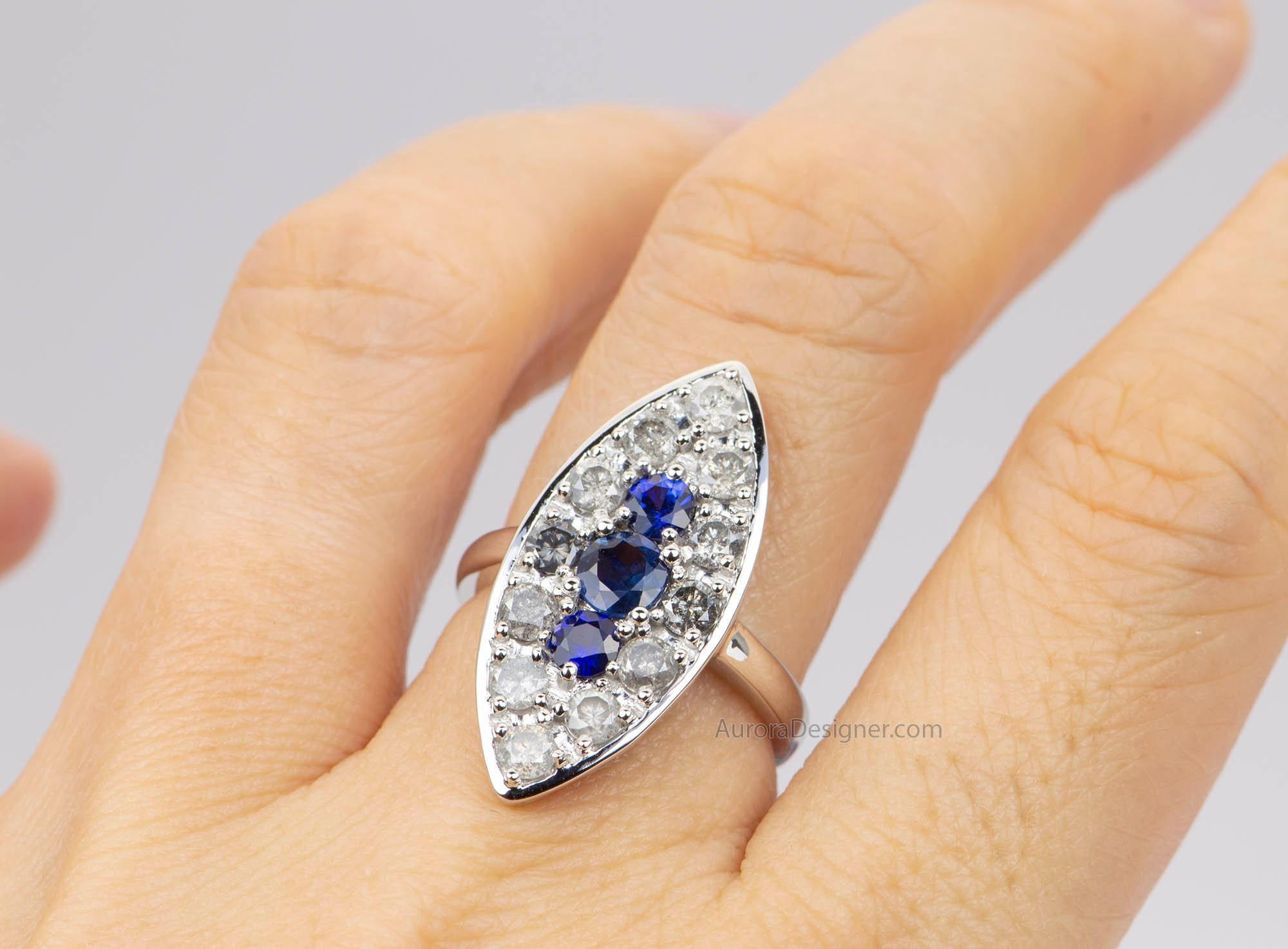 Blue Sapphire with Diamond Halo 14K White Gold Navette Ring Vintage Inspired For Sale 2