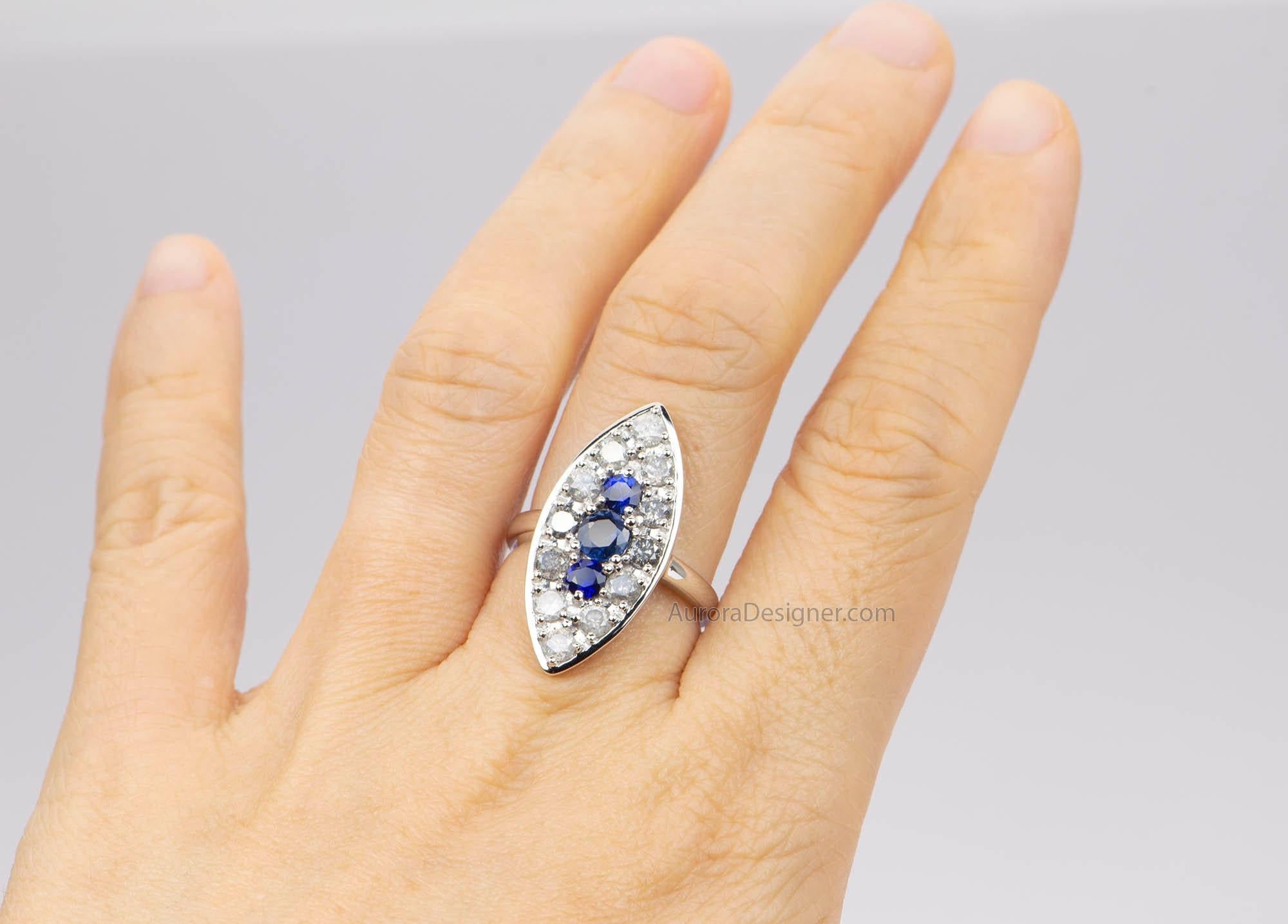 Blue Sapphire with Diamond Halo 14K White Gold Navette Ring Vintage Inspired For Sale 3