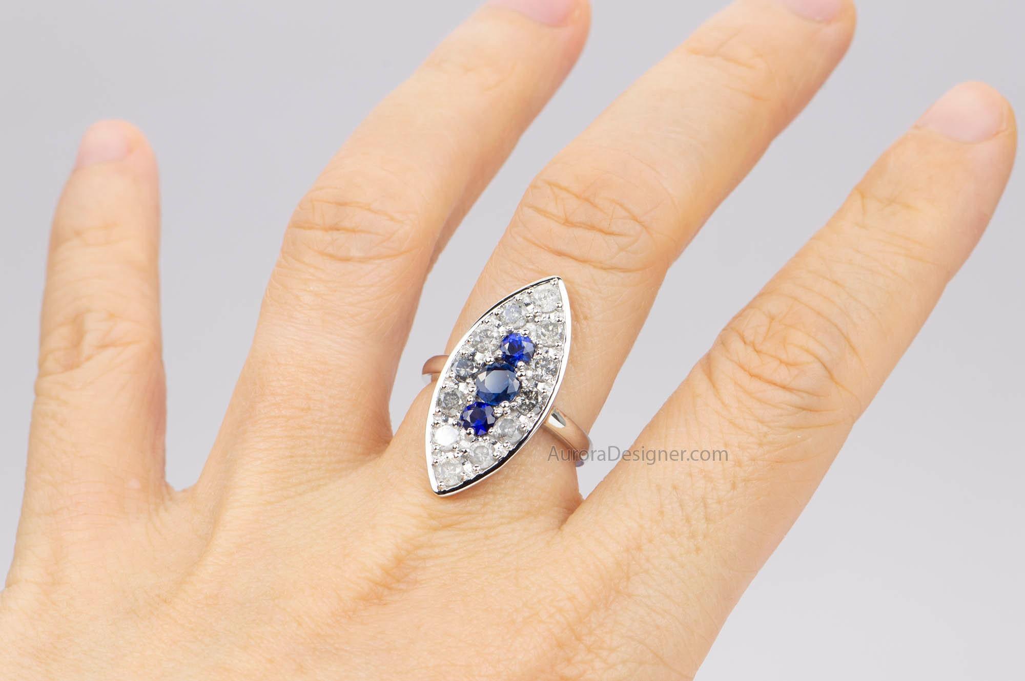 Blue Sapphire with Diamond Halo 14K White Gold Navette Ring Vintage Inspired For Sale 4